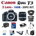 Canon EOS Rebel T3 Digital SLR 3 LENS Bundle! Includes 18-55mm lens, 2x telephoto and Pro wide angle lenses