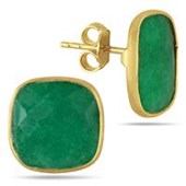 14MM Genuine Cushion Cut Rough Indian Emerald Stud Earrings in 18K Yellow Gold Plated Sterling Silver