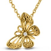 Yellow Gold Layered Filigree Butterfly Necklace With Diamonds On 18 Inch Chain