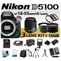 Nikon D5100 Digital SLR with 18-55mm Nikkor VR Lens and Pro Kit Bundle! Includes 3 Lens Kit, 16GB Memory, Flash, Extra Battery, Charger + More! - Nikon D5100 18-55MM 16GB PROKIT 