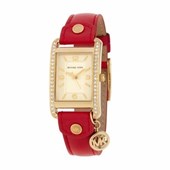 Michael Kors Midsize Rectangular Leather Glitz Watch, Red