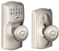 Schlage FE595 CAM 505 GEO Camelot Keypad Entry with Flex-Lock and Georgian Style Knobs, Bright Brass