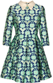 Green Lapel Floral Jacquard Flare Dress